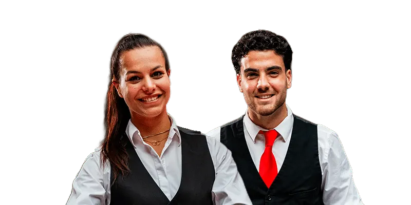 Twee croupiers van MCN in Las Vegas kleding met rode das